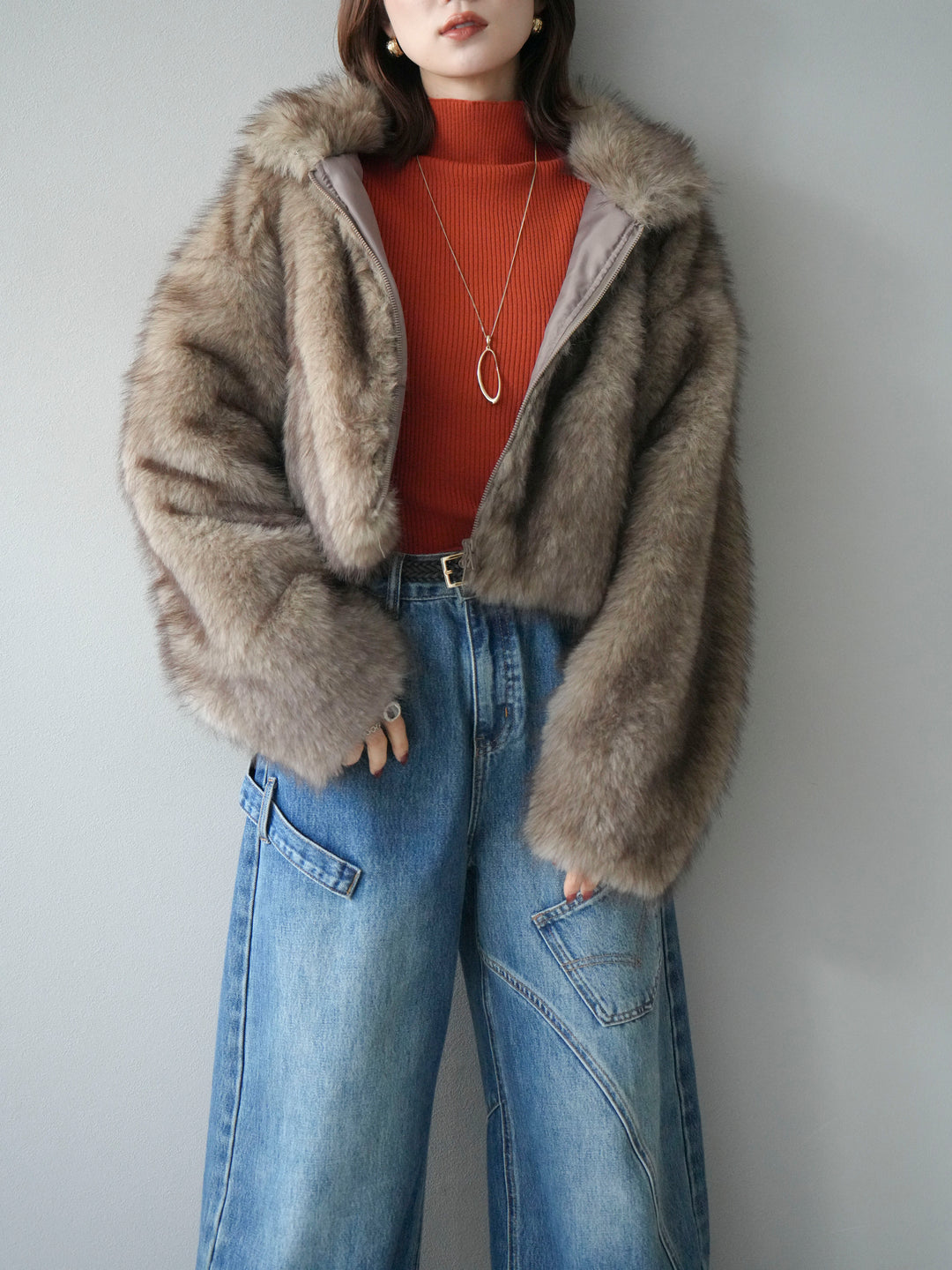 [予約]フェイクファーショートZIPジャケット/brownmix