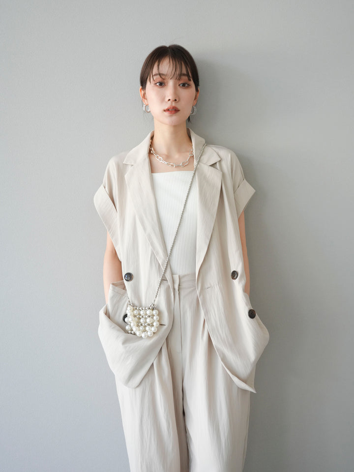 [套裝] 亞麻風格無袖雙背心 + 雙肩帶剪裁羅紋胸罩吊帶背心（2 件套）