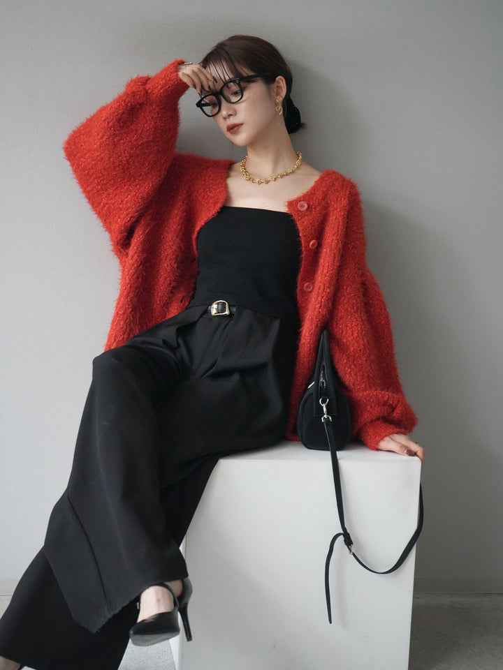 [予約]クルーネックランダムシャギーカーディガン/レッド