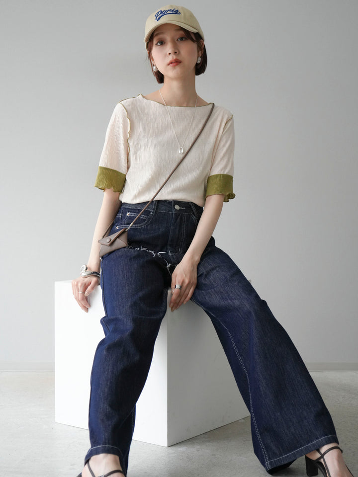 [SET] 百褶同色船領套頭衫 + 臀部設計牛仔褲（2 件組）