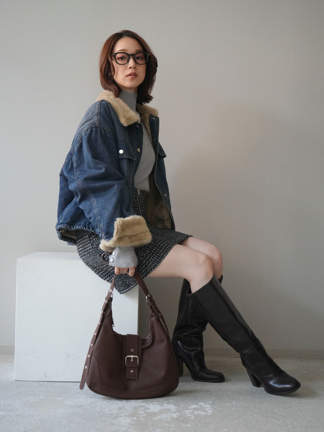 [予約]デニム×ファーステンカラーショートジャケット/blue