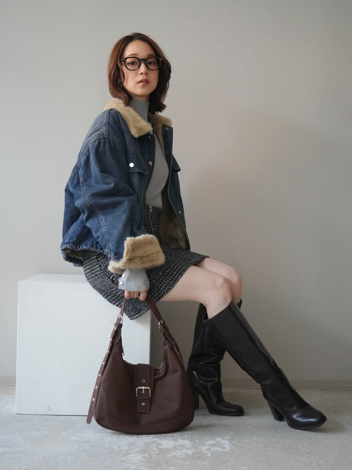 [予約]デニム×ファーステンカラーショートジャケット/blue