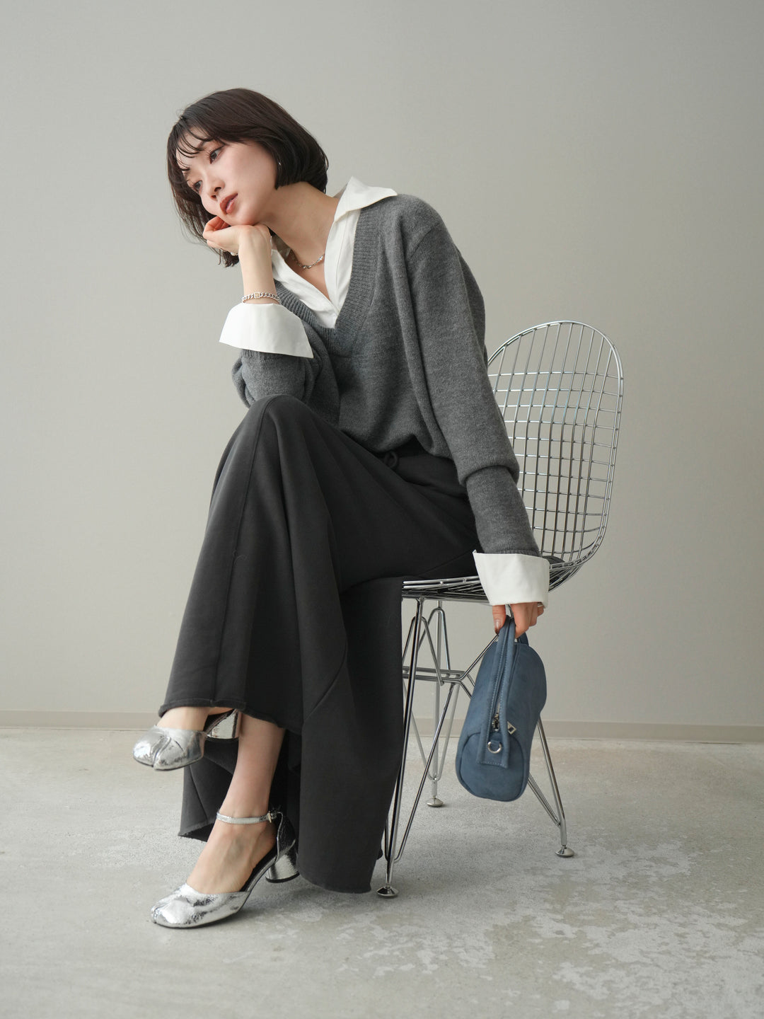 [予約]シャツドッキングVネックニットトップス/gray