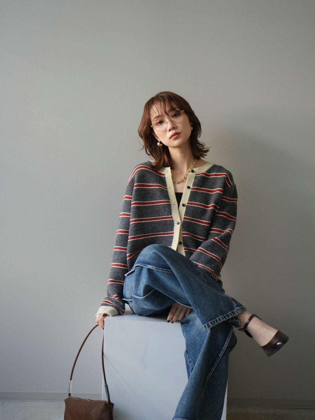 [予約]配色ボーダーニットカーディガン/gray