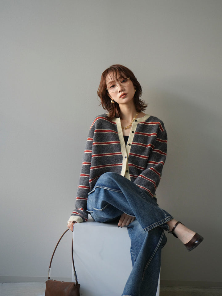 [予約]配色ボーダーニットカーディガン/gray