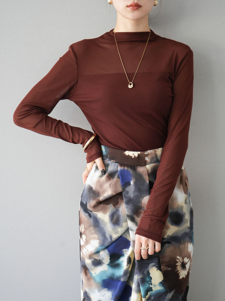 [予約]シアー切替ストレッチ長袖トップス/ブラウン