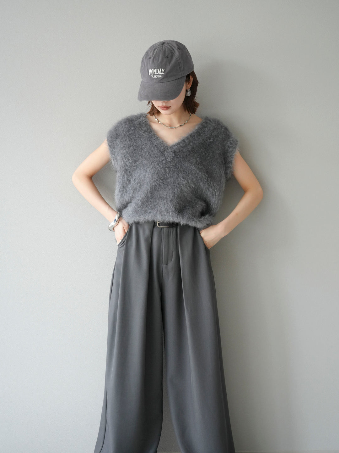 [SET]ラメシャギーVネックニットベスト+ベルトループデザインワイドパンツ(2set)