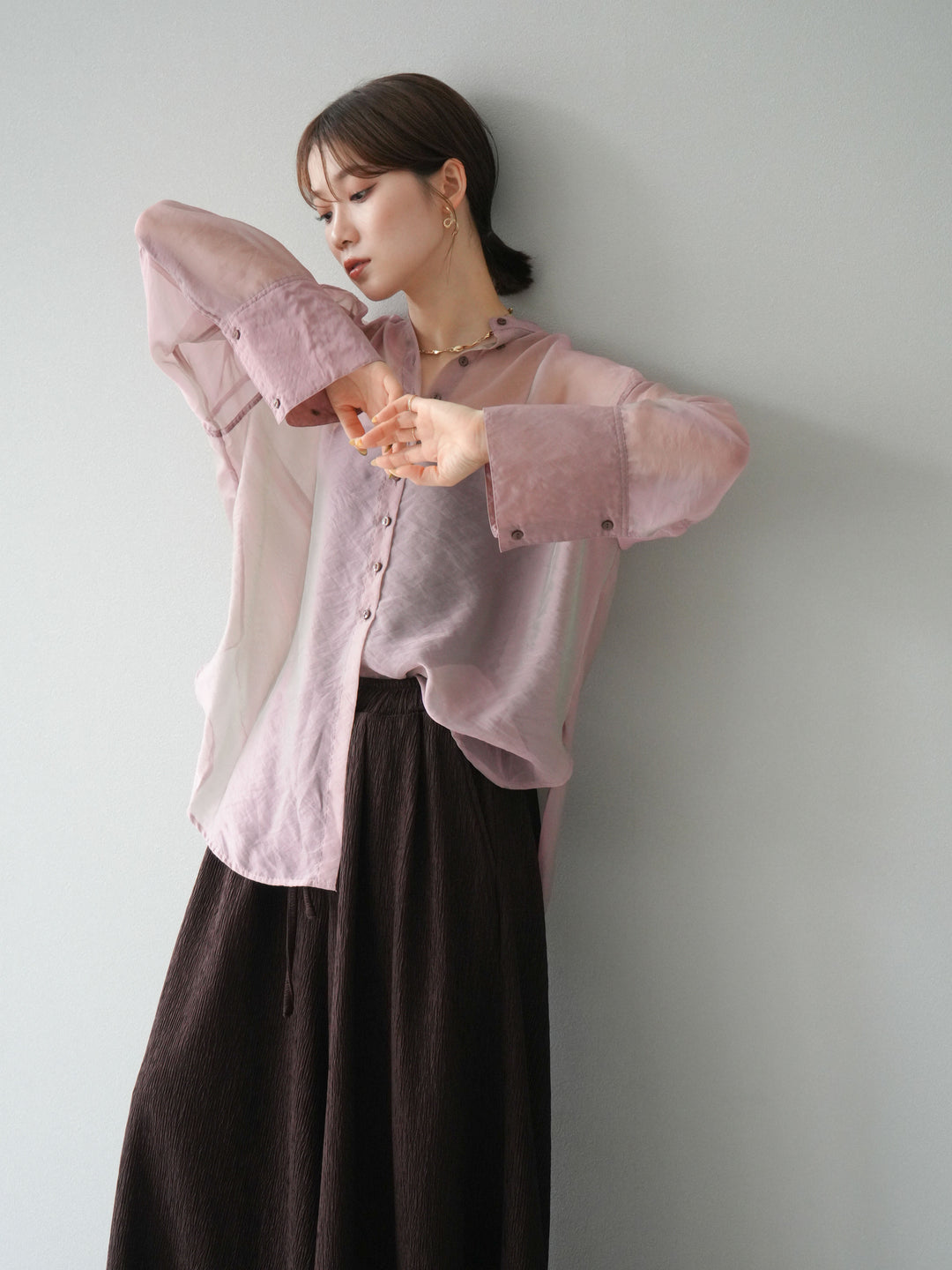 [SET] 亮面透視立領襯衫 + 柳葉寬褲 (2set)