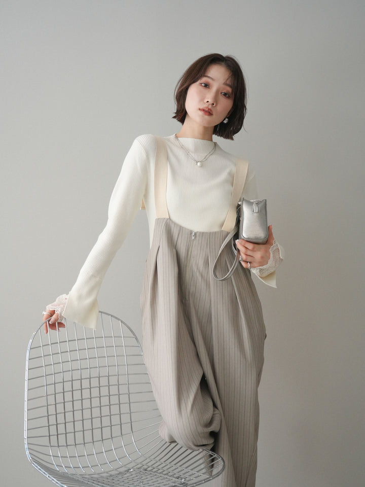 [SET]袖スカラップレースオフネックニットトップス+グログランテープストライプサロペット(2set)