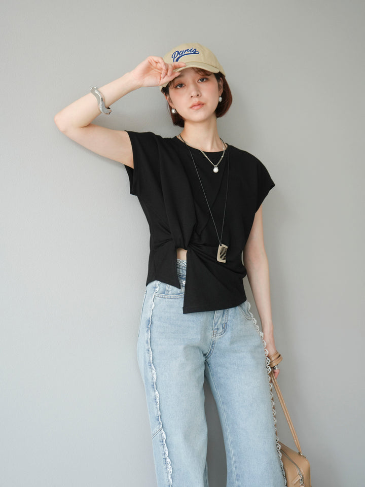 [予約]カシュクールTシャツ＆コームネックレスSET /ブラック