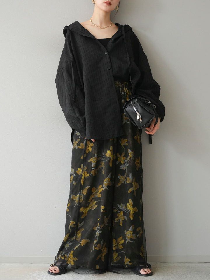 [予約]ワッシャーストライプフーディーシャツ/ブラック