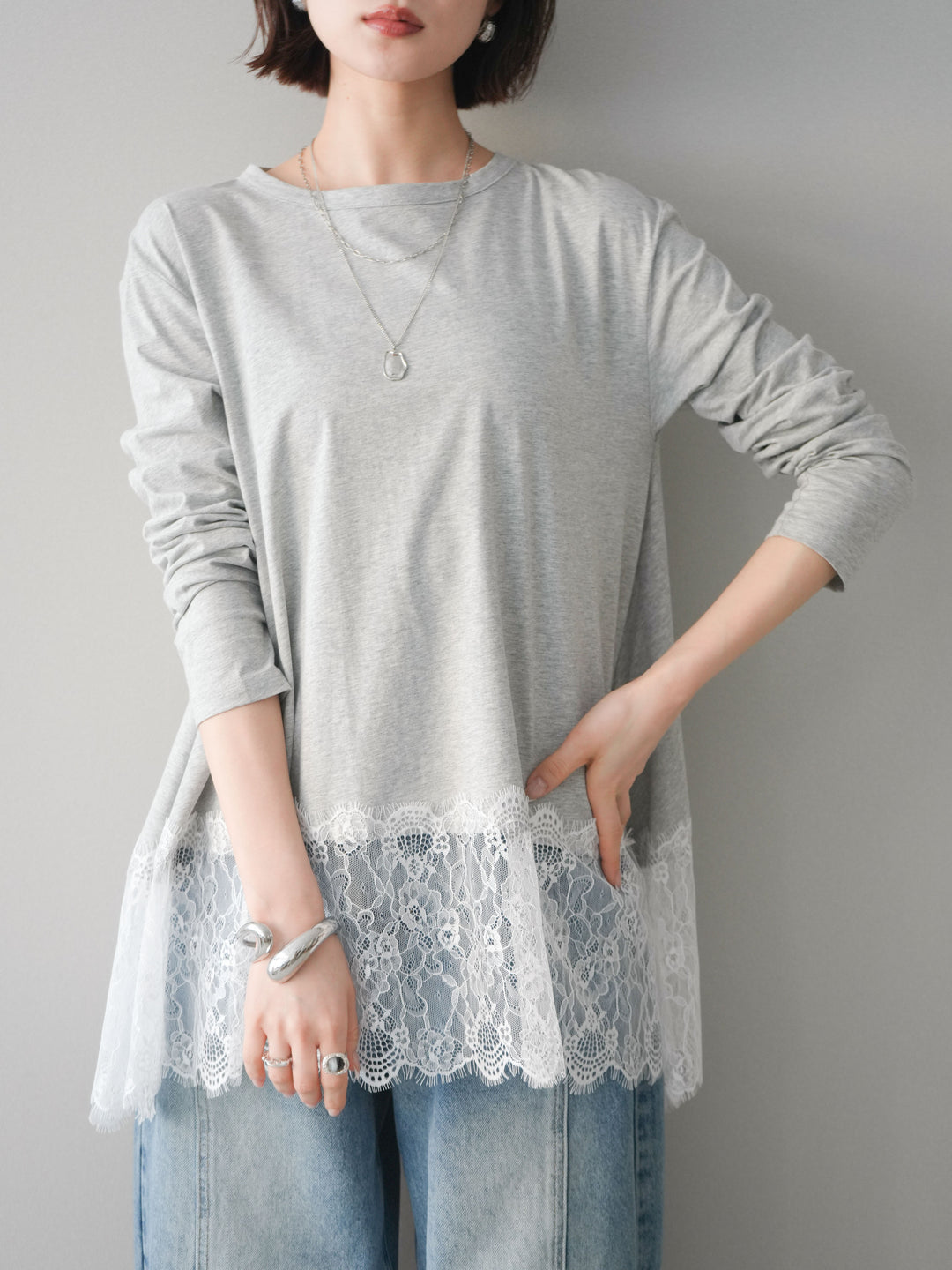 [SET]裾レースロングスリーブTシャツ+選べるアクセセット(2set)