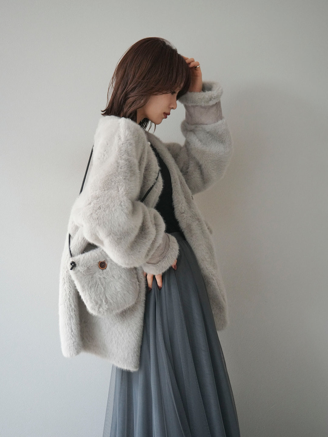 [SET]バッグ付エコファーノーカラーコート+チュールボリュームスカート(2set)