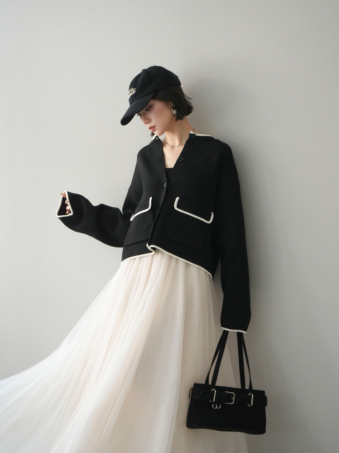 [SET]ポリエステル配色ニットカーディガン+チュールボリュームスカート(2set)