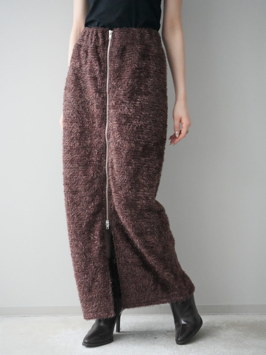 [予約]ラメシャギーフロントジップスカート/brown