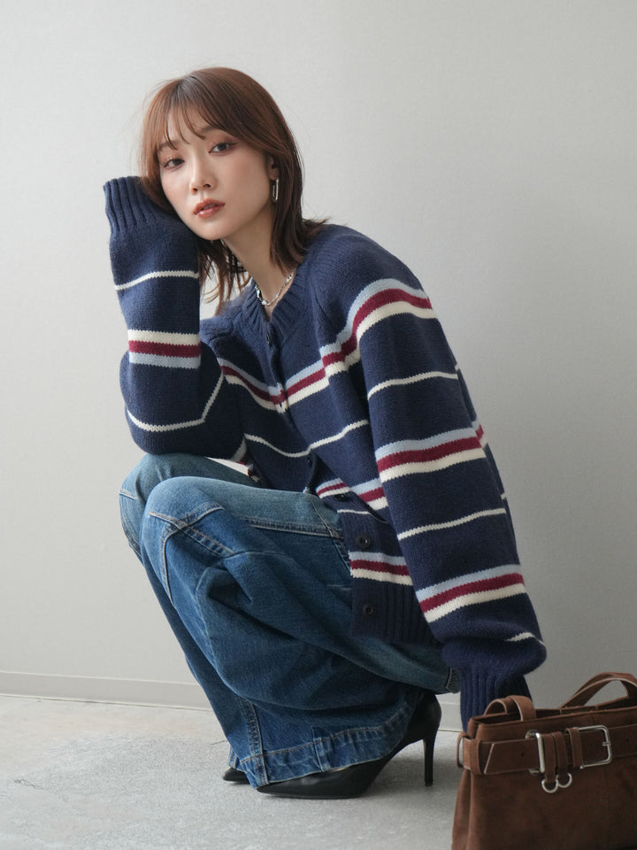 [予約]ランダムボーダーニットカーディガン/navy
