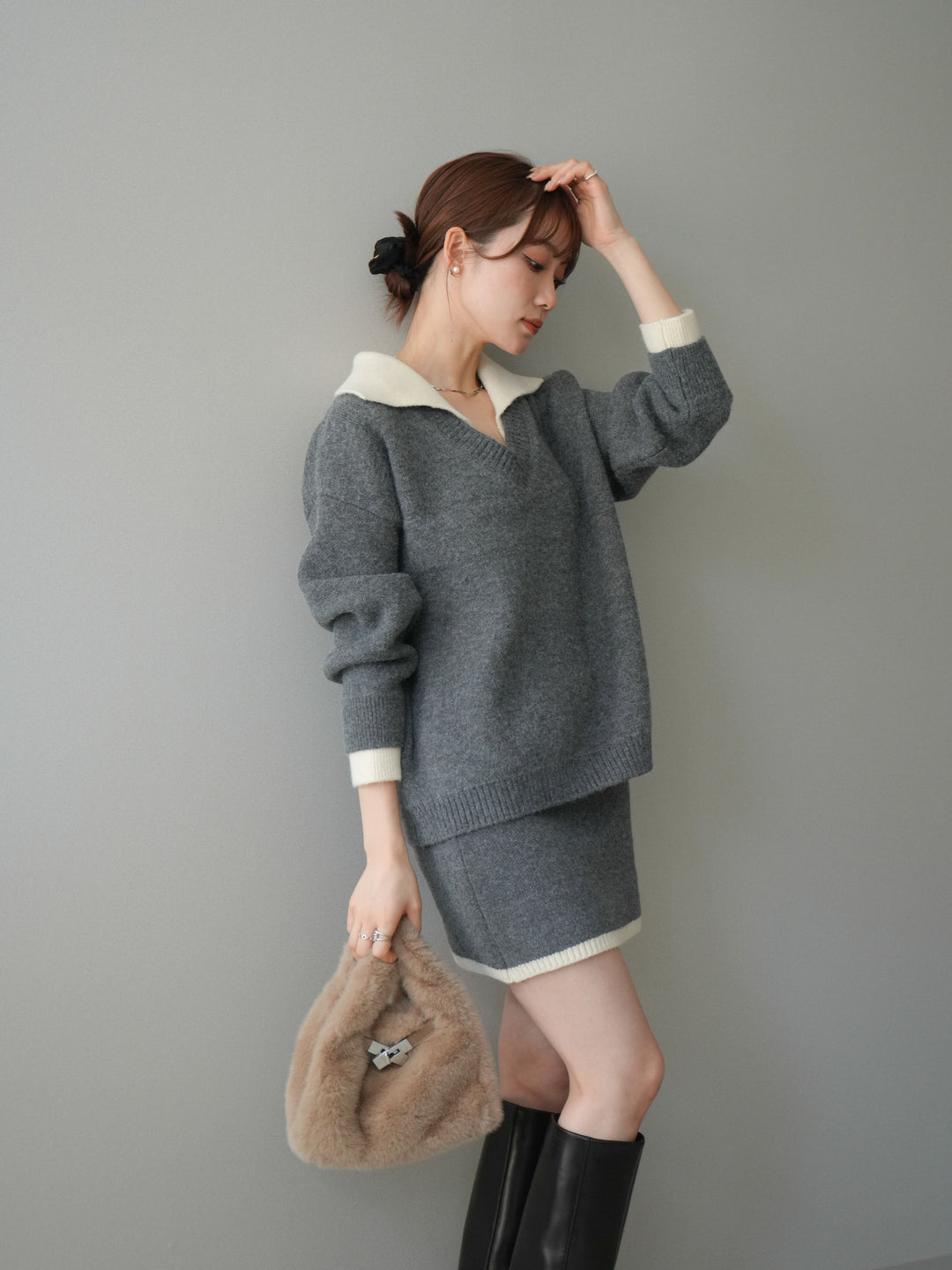 [SET]配色襟ニット＆ミニスカートSET UP+配色襟ニット＆ミニスカートSET UP(2set)