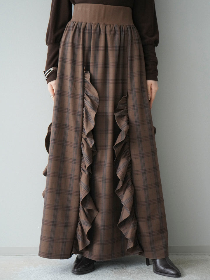 [予約]チェック柄フリルハイウエストマキシスカート/lightbrown