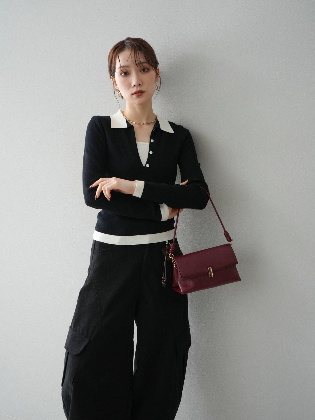 [予約]レイヤード配色ポロニットトップス/black