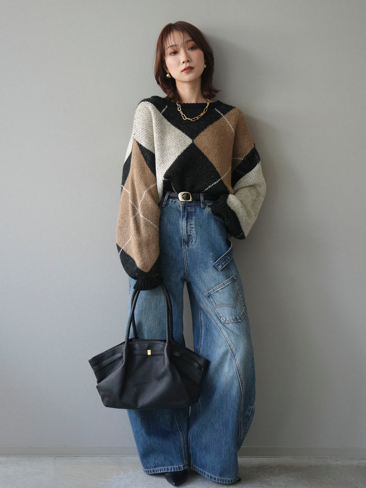 [SET]配色ステッチアーガイル柄ニットプルオーバー+ペインターカーブデニムパンツ(2set)