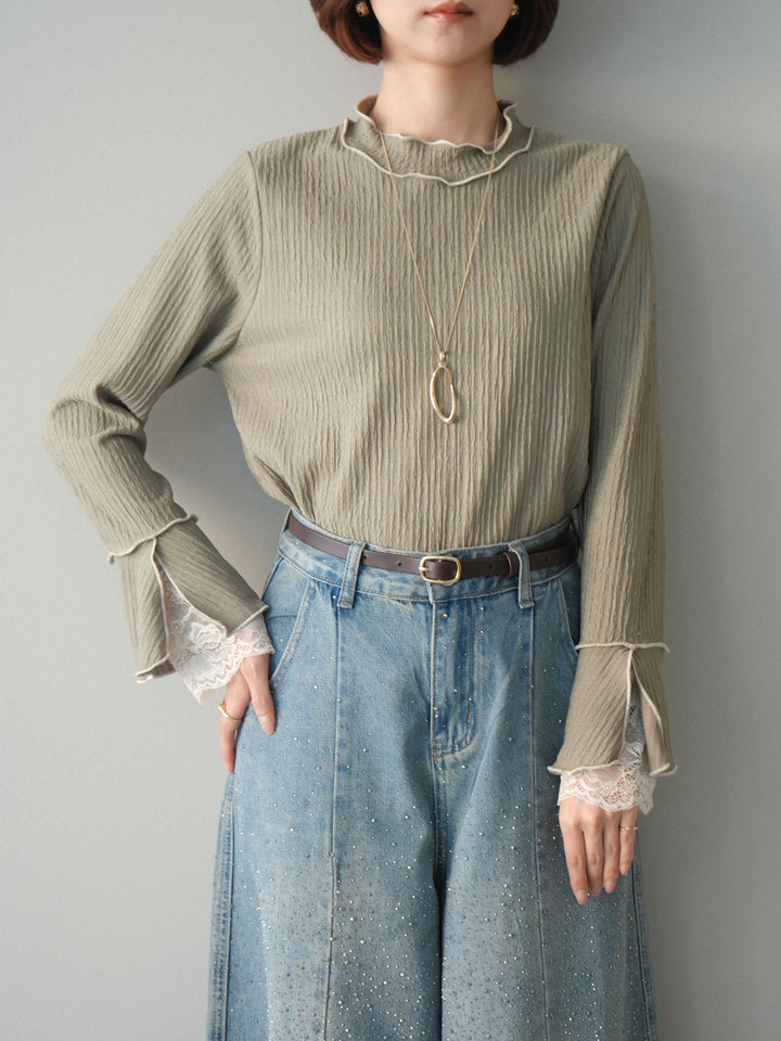 [予約]袖レース楊柳メロートップス/lightgreen