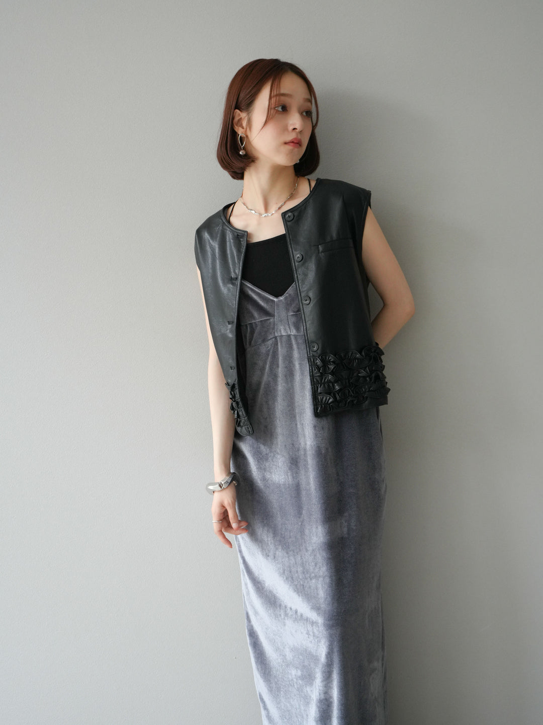 [予約]ベロアビスチェキャミワンピース/グレー