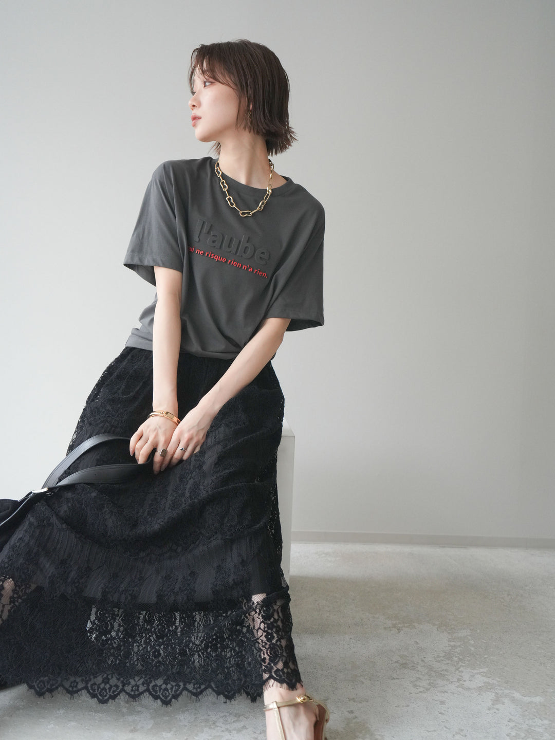 [SET]エンボスロゴTEE+裏プリーツ総レースロングスカート(2set)