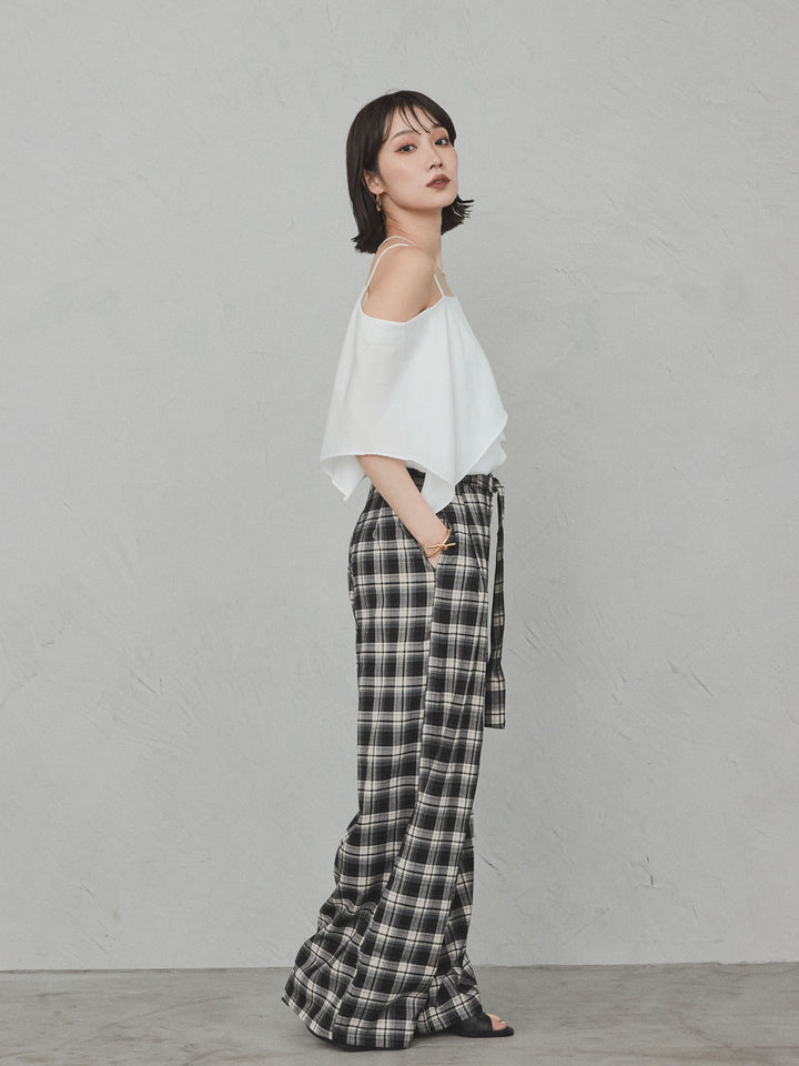 [SET]ワンショルラッフルブラウス+チェック柄ワイドパンツ(2set)