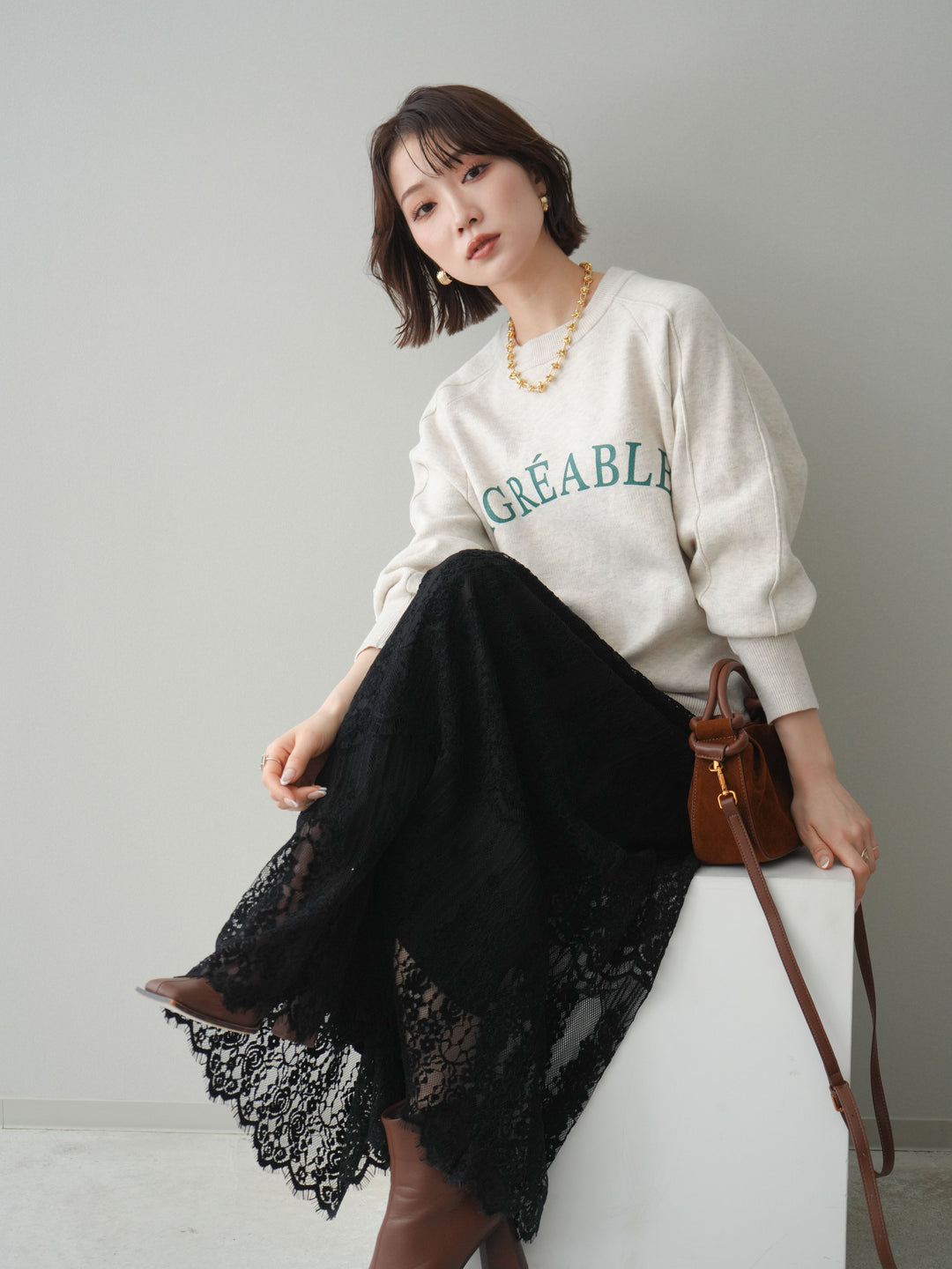 [予約]半ラバープリントロゴスウェットライクニットプルオーバー/oatmeal