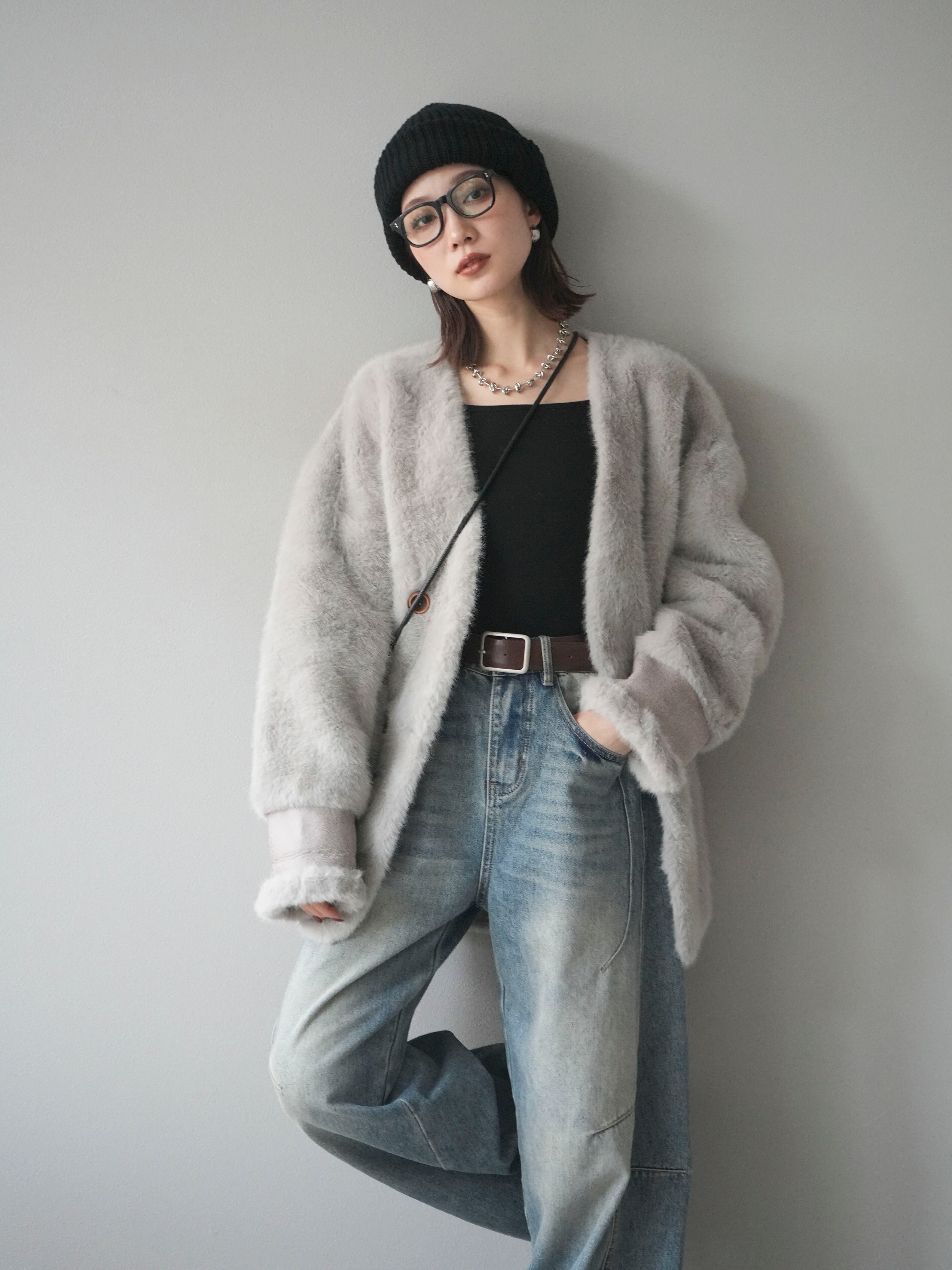 SET]バッグ付エコファーノーカラーコート+ベルト付カーブデニムパンツ