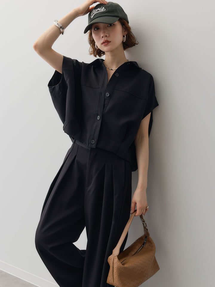 【套裝】縐綢燈籠無袖襯衫 + 縐綢闊腿褲（兩件套）