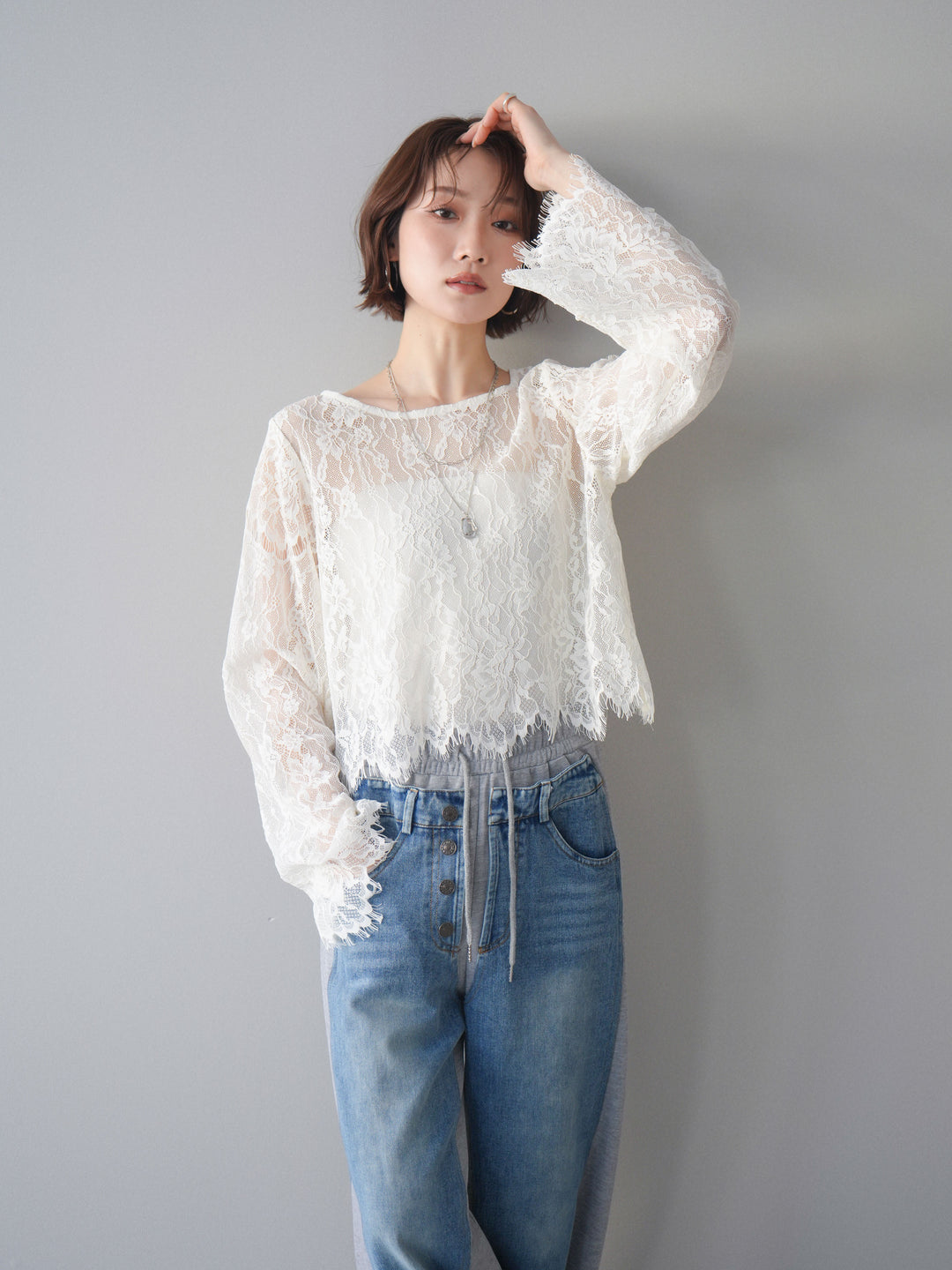 [SET]2WAYスリーブレーストップス+デニム切替スウェットパンツ(2set)