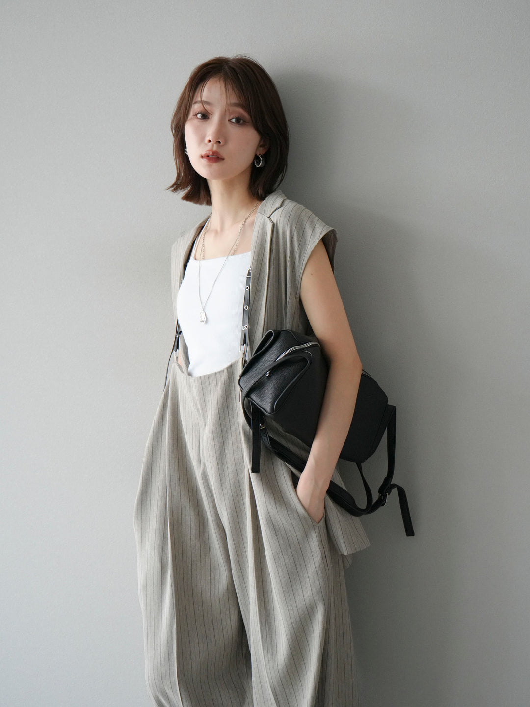 【着回しセット】[SET]ヘリンボーンストライプジレ+シアー切替ベロアトップス+ヘリンボーンストライプサロペット(3set)