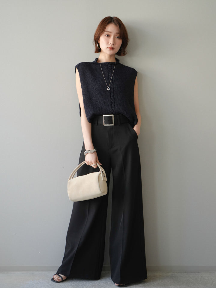 【套裝】開襟針織上衣+銀色搭扣垂褶闊腿褲（兩件套）