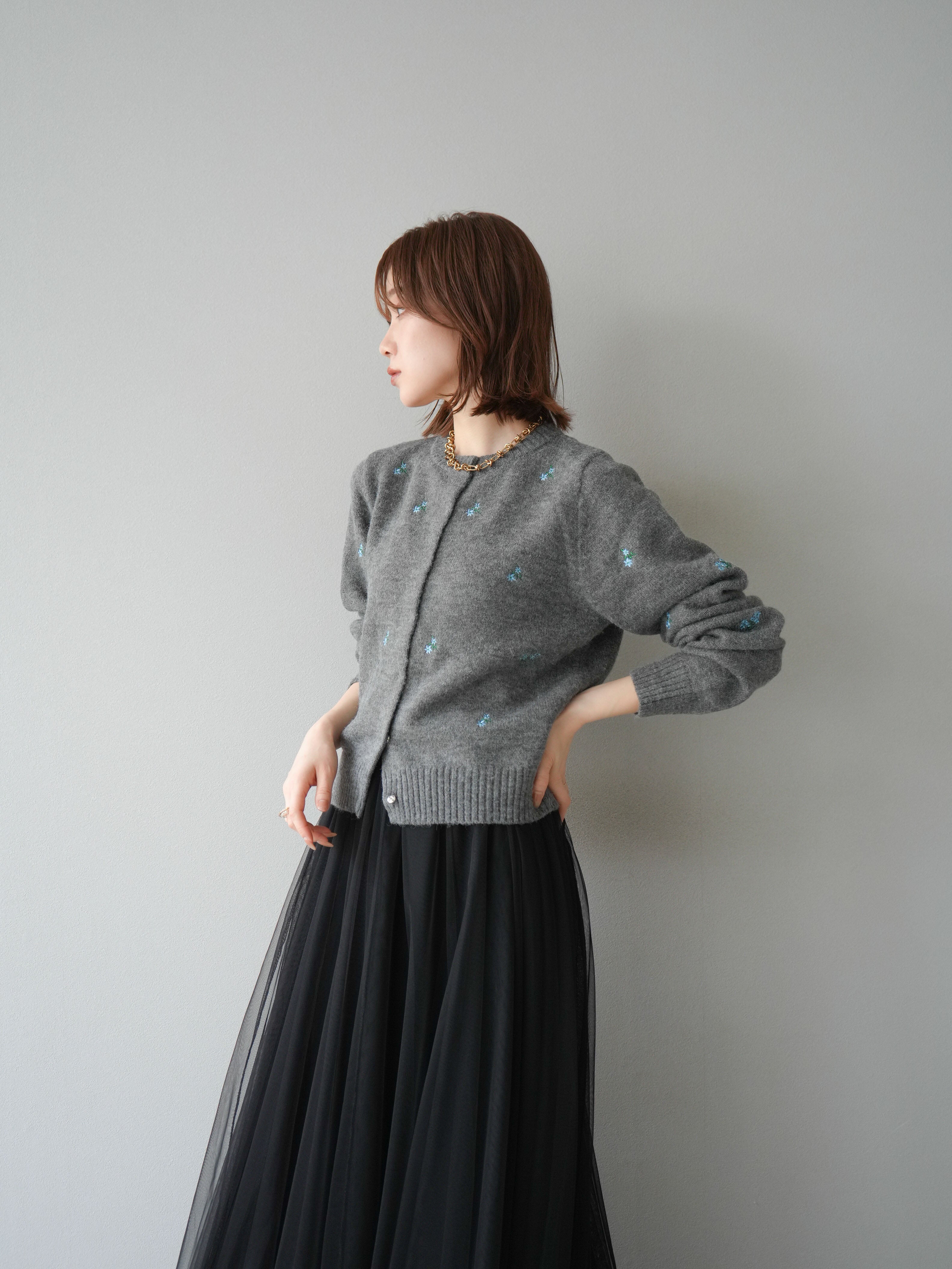 SET]フラワー刺繍ニットカーディガン+チュールボリューム
