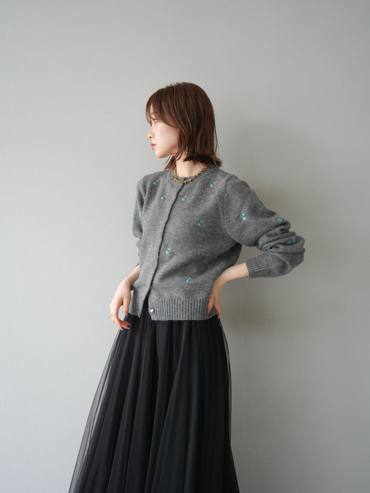 [SET]フラワー刺繍ニットカーディガン+チュールボリュームスカート(2set)