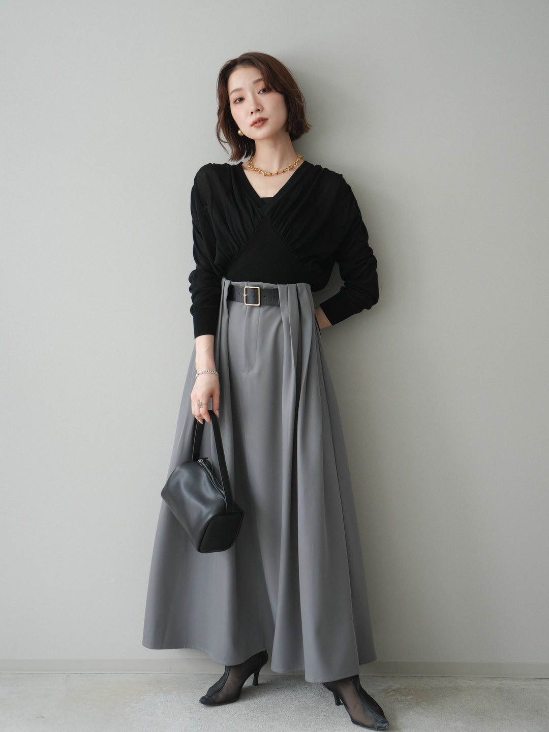 [予約]ベルトループフレアスカート/gray