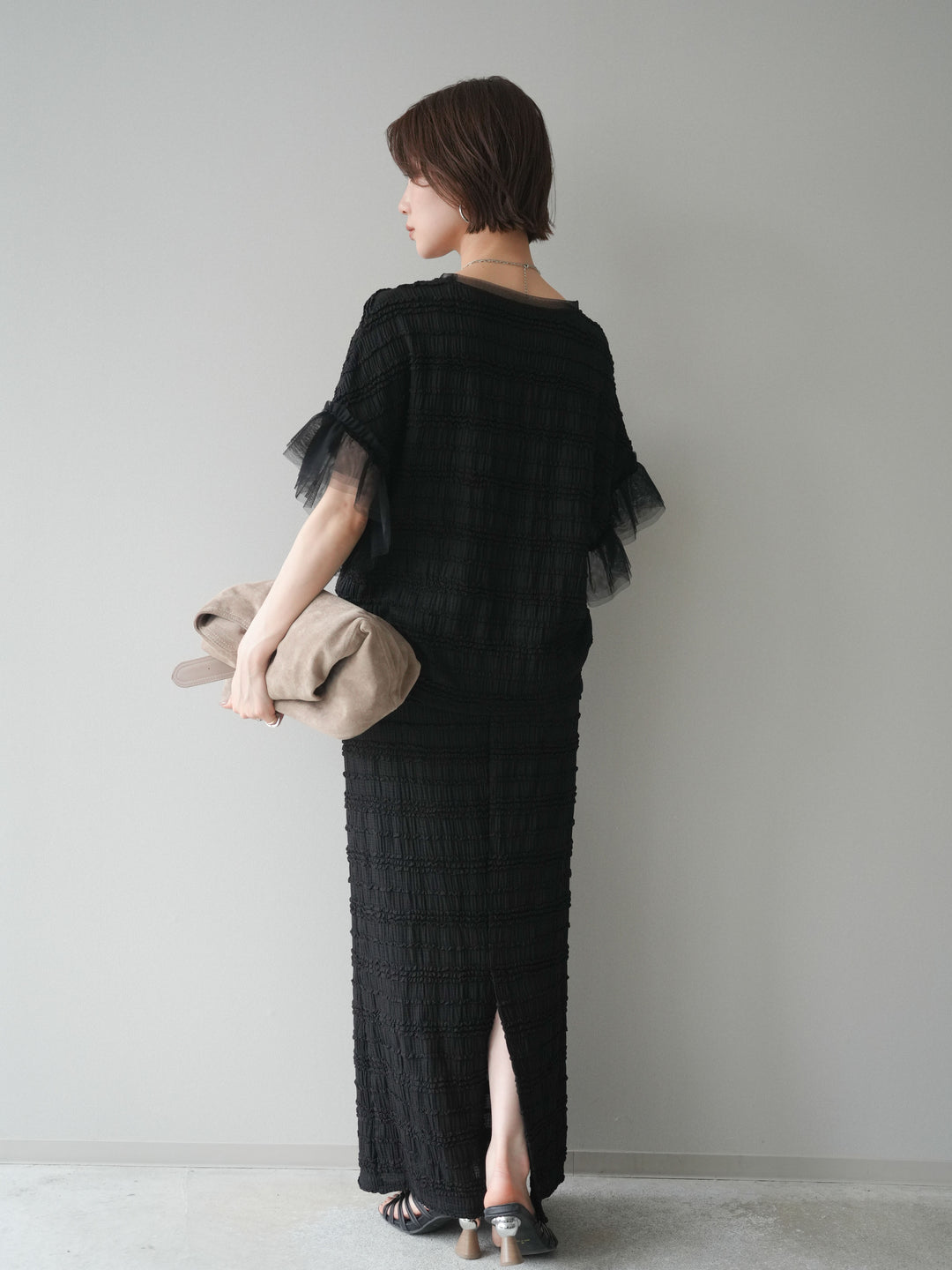 [SET]チュール袖リップルトップス+リップルIラインスカート(2set)