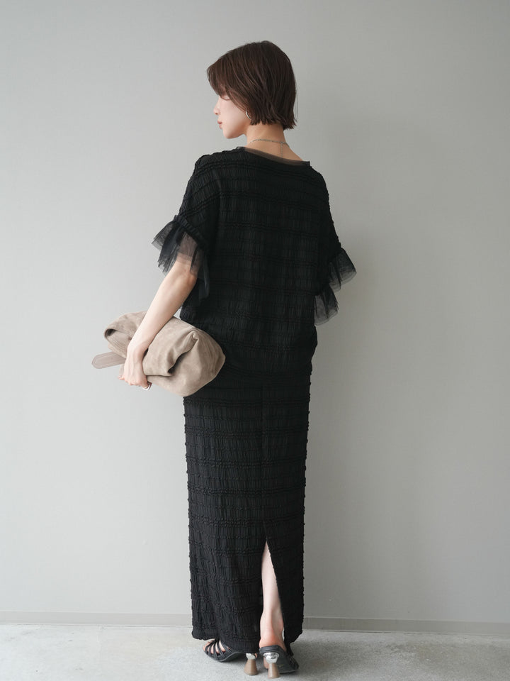 [SET]チュール袖リップルトップス+リップルIラインスカート(2set)