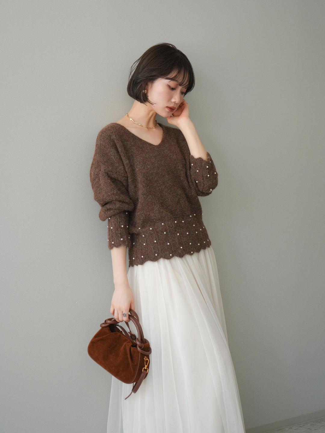 [SET]パールフリルリブヘムニットプルオーバー+チュールボリュームスカート(2set)