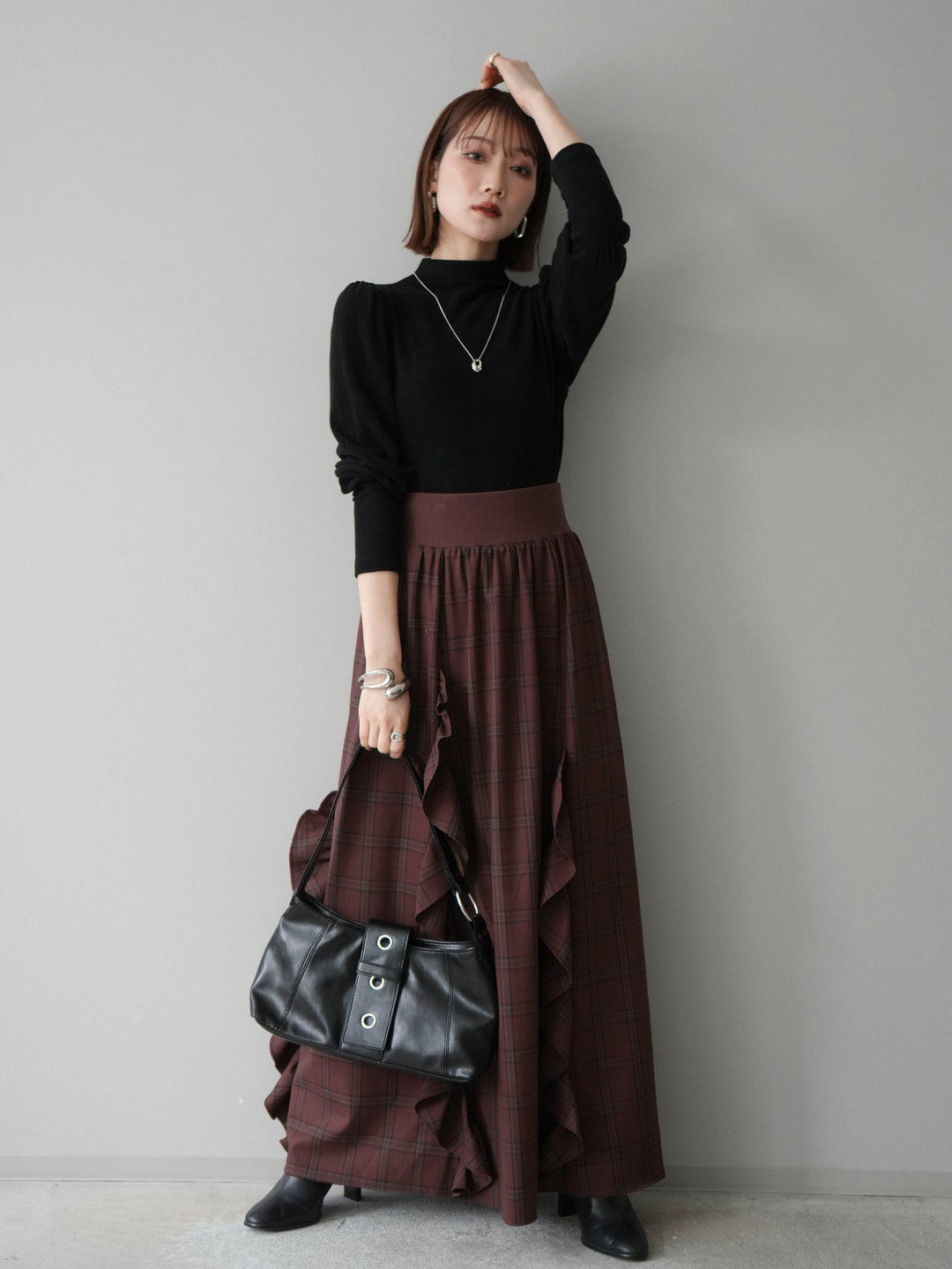 [SET]プチネックパワーショルダー起毛トップス+チェック柄フリルハイウエストマキシスカート(2set)