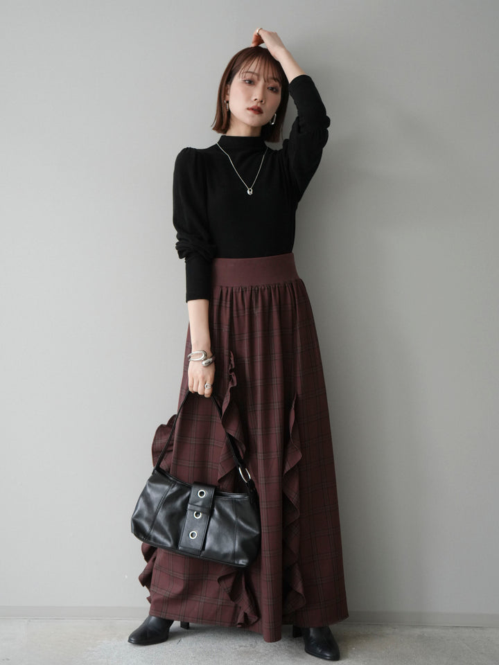 [SET]プチネックパワーショルダー起毛トップス+チェック柄フリルハイウエストマキシスカート(2set)