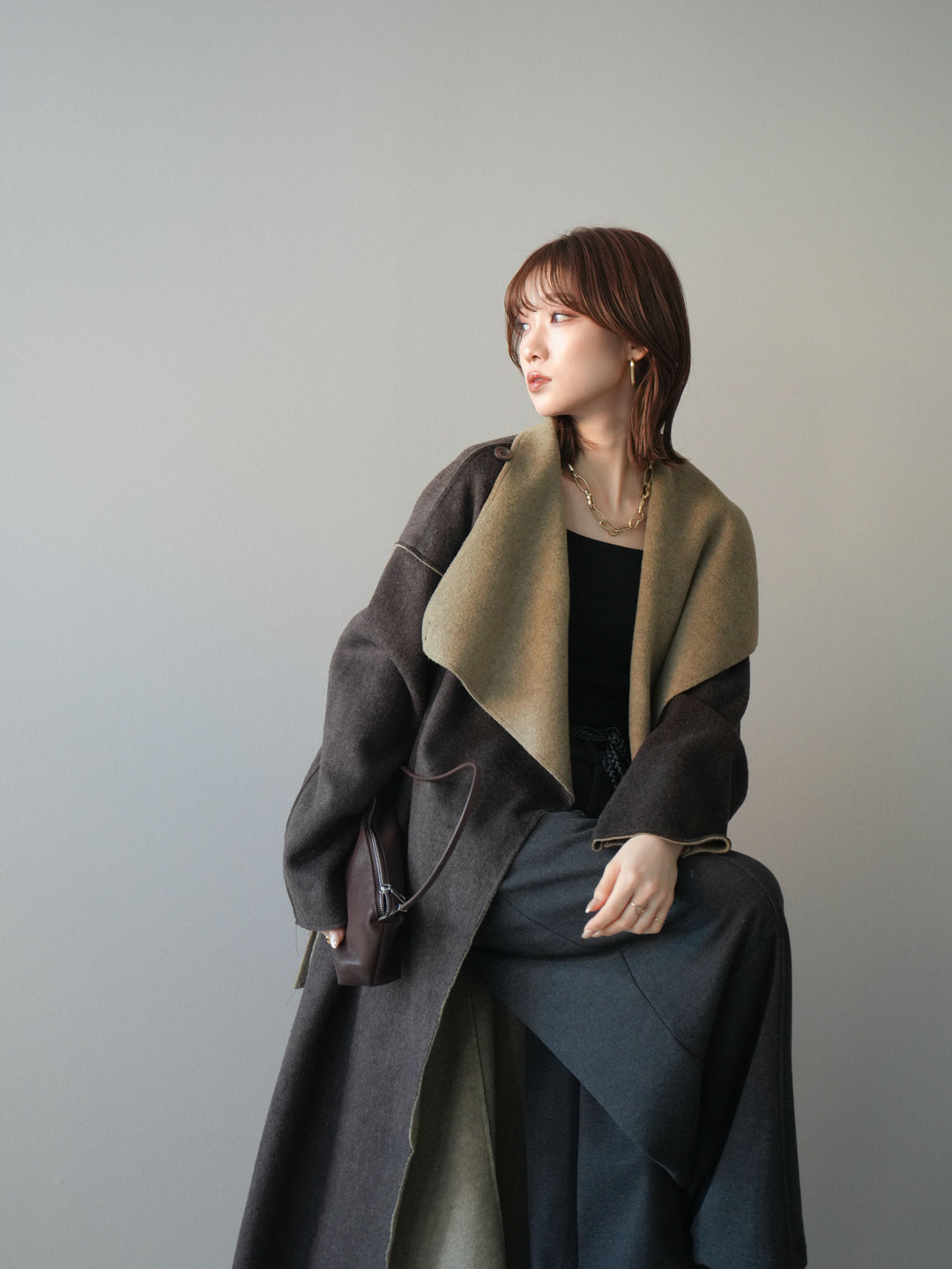 [予約]ダブルフェイスバイカラーロングコート/khaki
