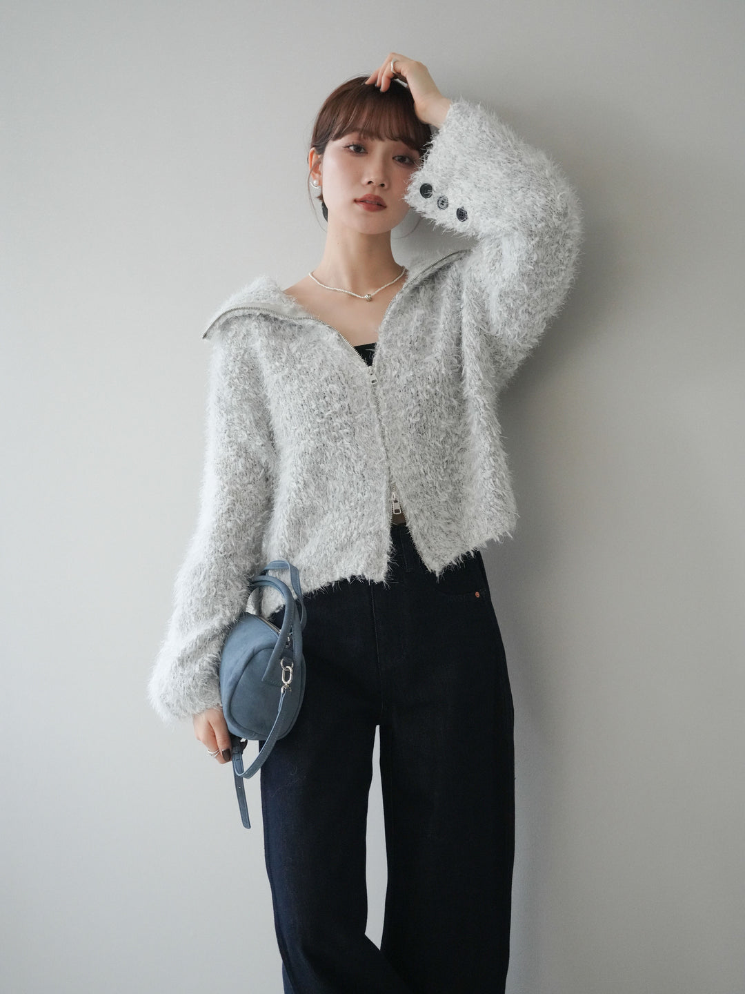 [予約]ミックスシャギージップニットカーディガン/ivory