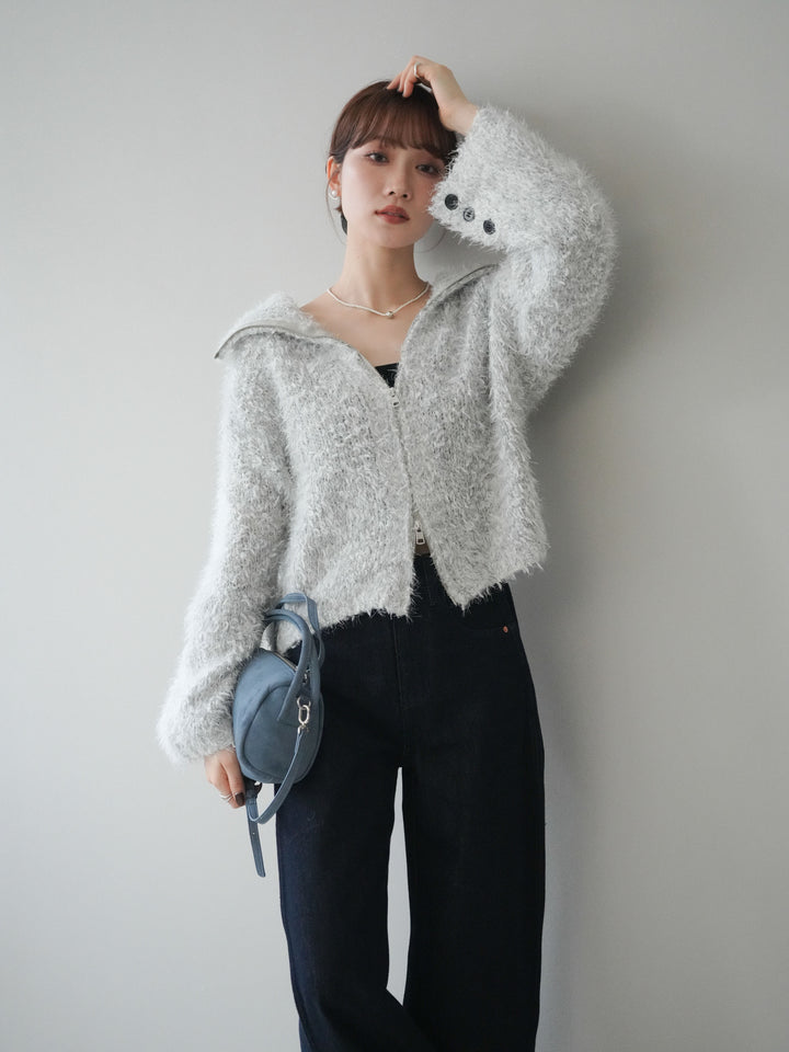 [予約]ミックスシャギージップニットカーディガン/ivory