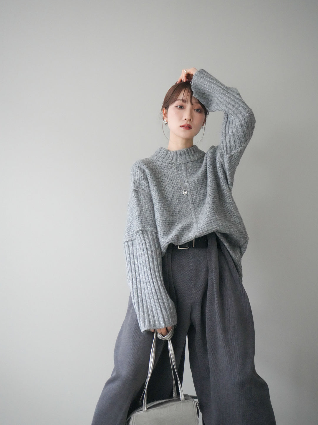 [予約]編み地切替ボトルネックニットプルオーバー/mokugray