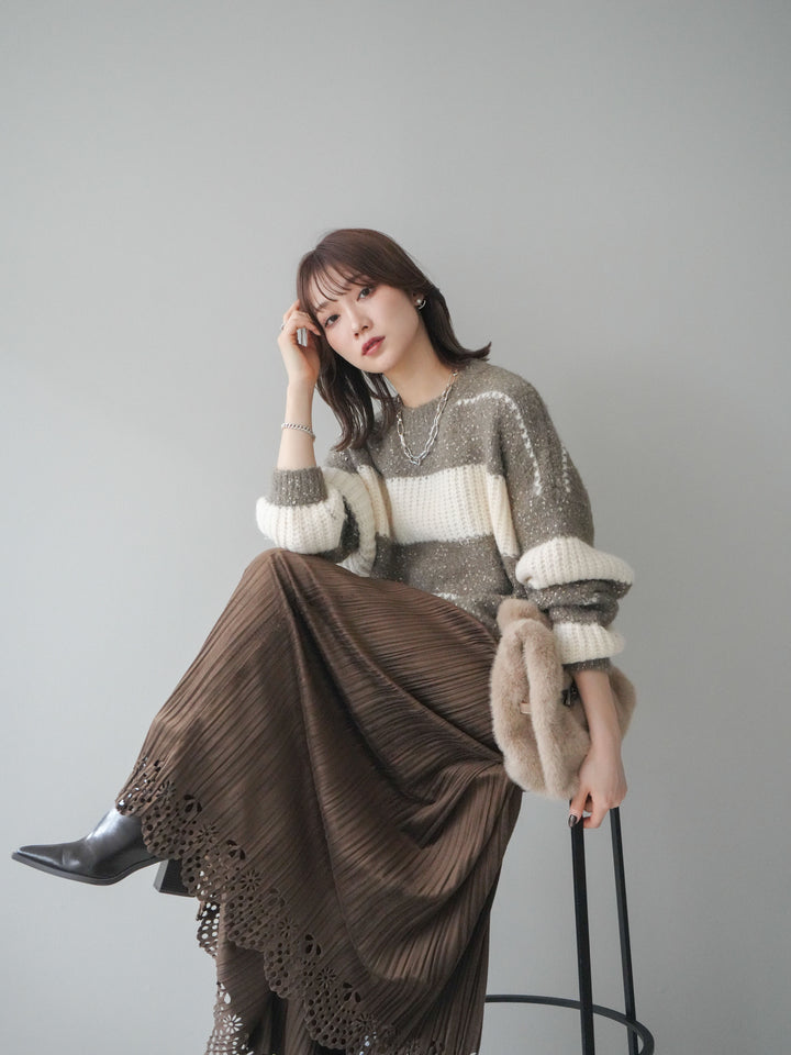 [SET]ネップヤーンボーダーニットプルオーバー+パンチングデザインスエードプリーツスカート(2set)