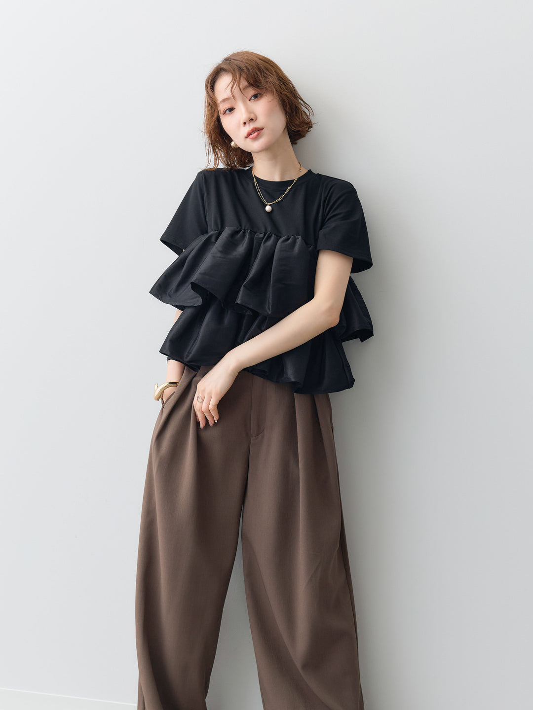 [SET]フリルティアードTEE+クレープデシンタックワイドパンツ(2set)