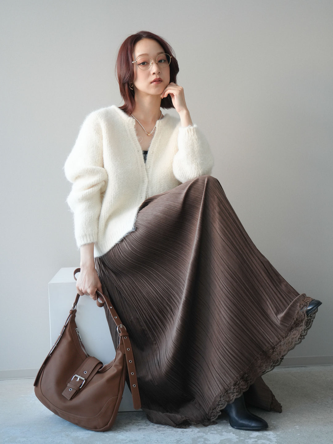 [予約]キーネックシャギーニットカーディガン/ivory