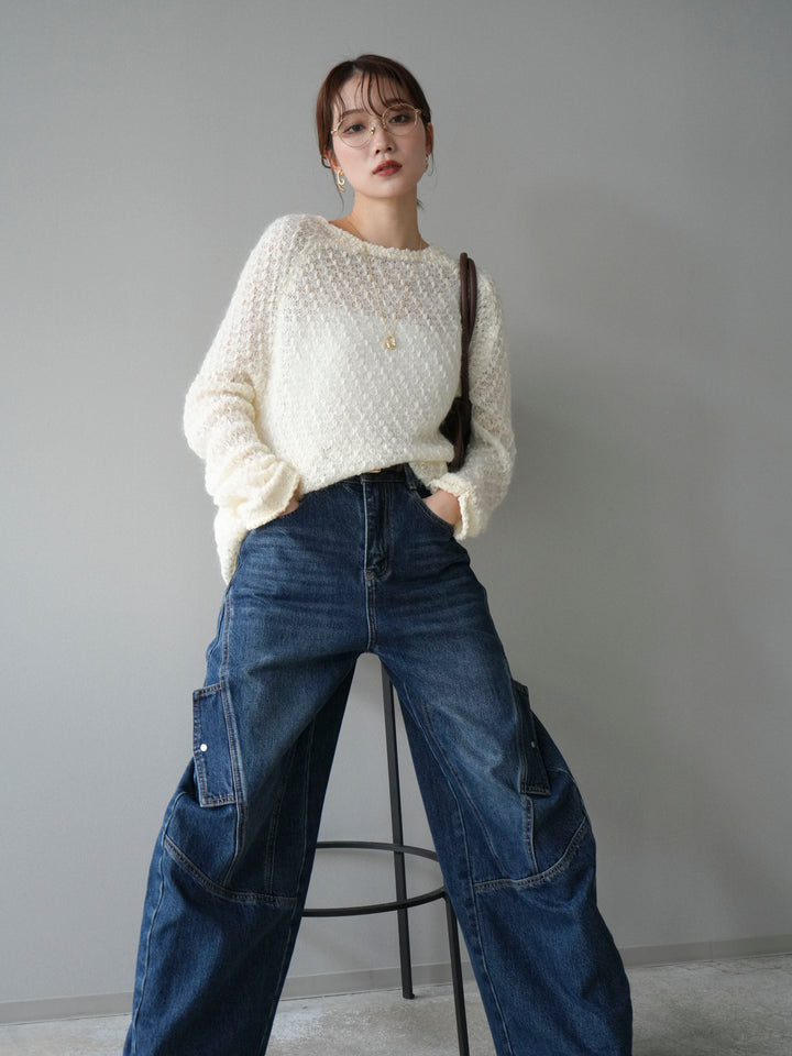[予約]透かし編みモヘアタッチポコポコニットプルオーバー/ivory
